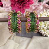 Vriksham Green With  Pink Lotus & Kundan Floral Style Silk Thread Bangle Set-G19877
